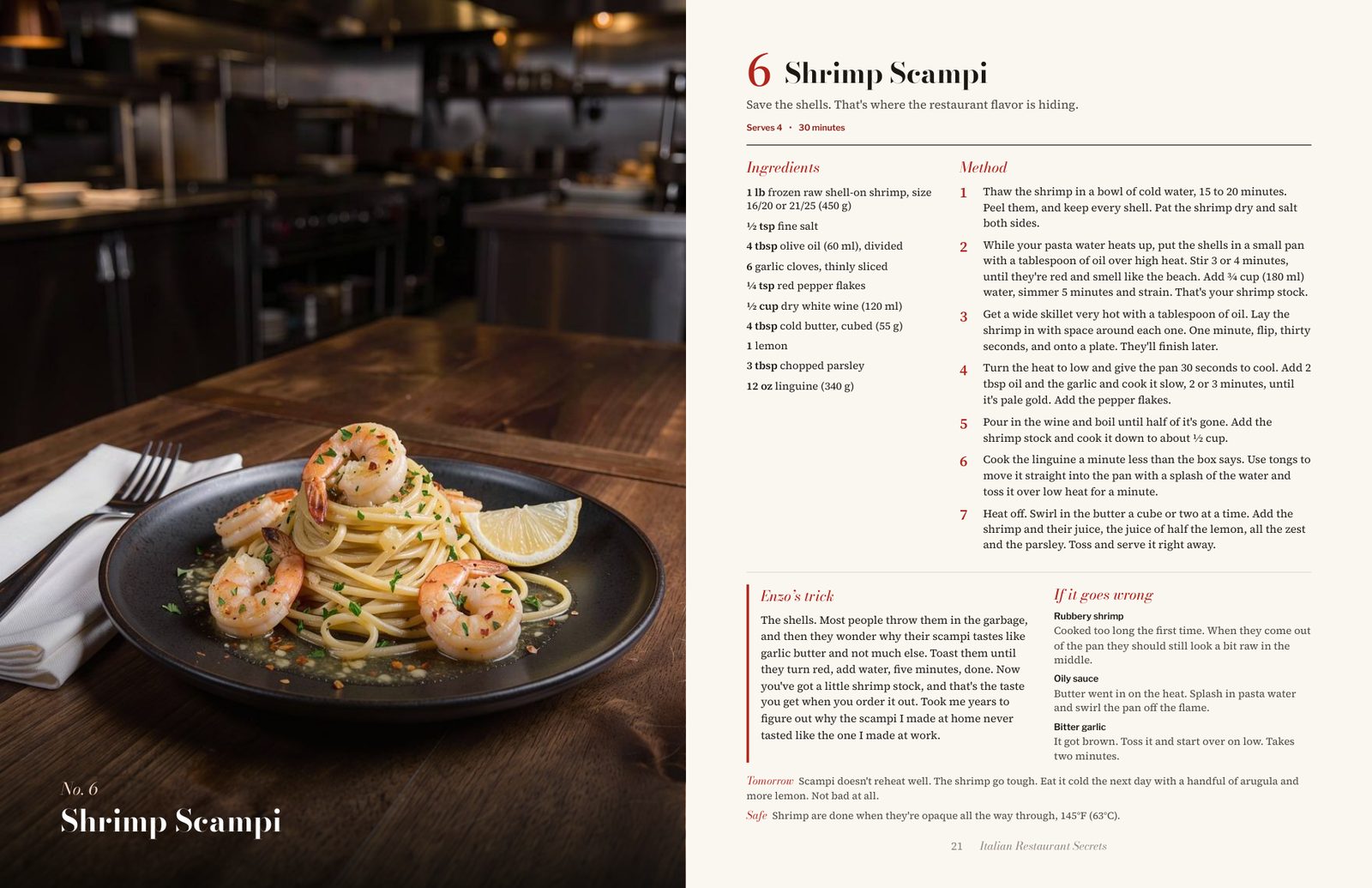 Two pages from the book: a photo of shrimp scampi and the full recipe